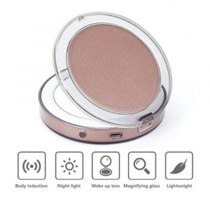 10 Lights LED Mini Travel Makeup Mirror 1X 3X Magnify Portable Micro USB Rechargeable