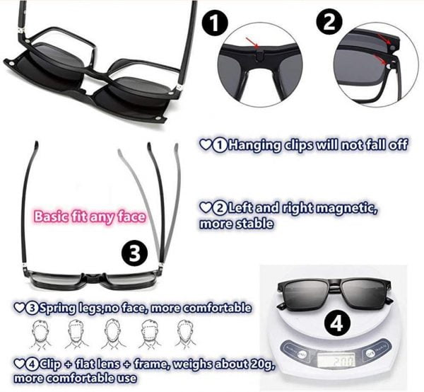 5 in 1 Polarized Magnetic Clip on Sunglasses - Night Driving Glasses