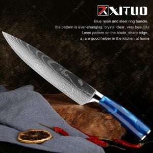 Kitchen Knives Set, Japanese Knives, Blue Resin Handle, Damascus Chef Knife, Santoku, Cleaver Slicing Knives