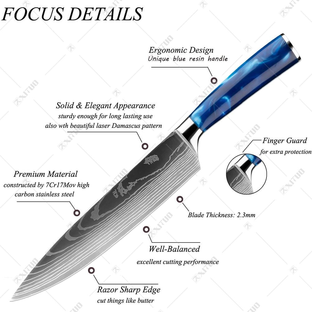 SENKEN 8-Piece Japanese Knife Set with Blue Resin Handle and Laser Damascus Pattern - Cerulean Collection - Chef's Knife, Santoku Knife, Bread Knife