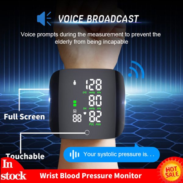 Smart Touch Lcd Screen Wrist Blood Pressure Monitor Digital Voice Chargeable Automatic Tonometer Heart Rate Sphygmomanometer