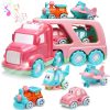 Carrier Car Toy Set(5 In 1) With Lights And Sounds, Pink Toy For Girl Toddler Kid, Friction Powered Double Layer Transport Truck