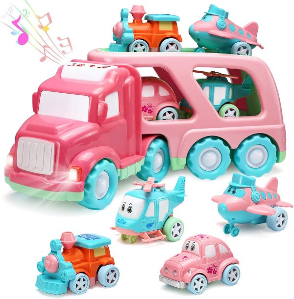 Carrier Car Toy Set(5 In 1) With Lights And Sounds, Pink Toy For Girl Toddler Kid, Friction Powered Double Layer Transport Truck