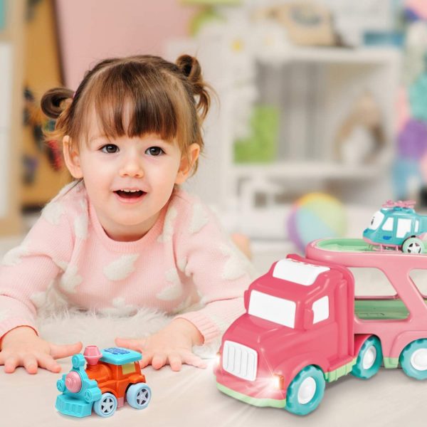 Carrier Car Toy Set(5 In 1) With Lights And Sounds, Pink Toy For Girl Toddler Kid, Friction Powered Double Layer Transport Truck