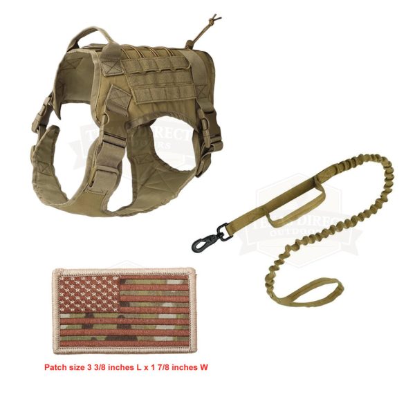 Coyote Tan K9 Tactical Harness Set With Leash And Camo Flag Patch
