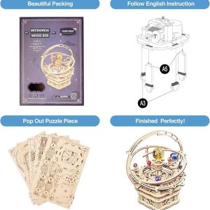 3D Wooden Puzzles for Adults Mechanical Music Box-Starry Night, DIY Rotating Music Box Model Building Kits