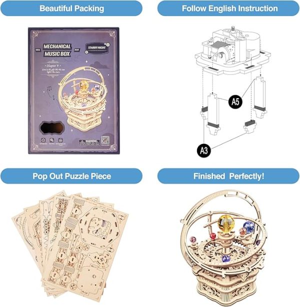 3D Wooden Puzzles for Adults Mechanical Music Box-Starry Night, DIY Rotating Music Box Model Building Kits