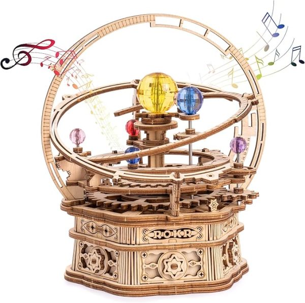 3D Wooden Puzzles for Adults Mechanical Music Box-Starry Night, DIY Rotating Music Box Model Building Kits