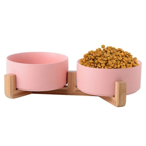 Pet Ceramic Double Bowl With Wooden Stand - Cat And Dog Feeding Pot