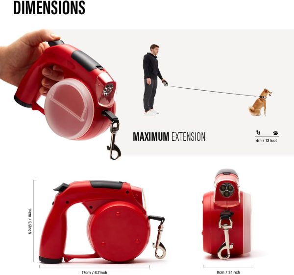 Retractable Dog Leash With Light, Dog Leashes For Medium Dogs, Small Dog Led Leash With Snack And Water Container, Extender Leash With Bag Dispenser, Retractable Cat Leash (Red)