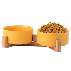 Pet Ceramic Double Bowl With Wooden Stand - Cat And Dog Feeding Pot
