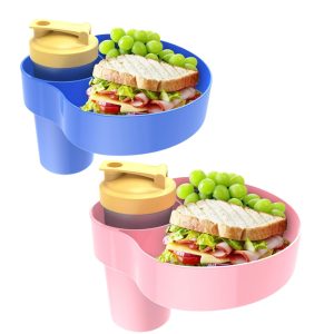 Kids Car Seat Travel Tray: Carseat Snack Tray For Food Eating, Baby Snacks Plate For Toddlers With 2 Cup Holder Bases, Kids Road Trip Essentials, 2 Pack(Pink+ Blue)