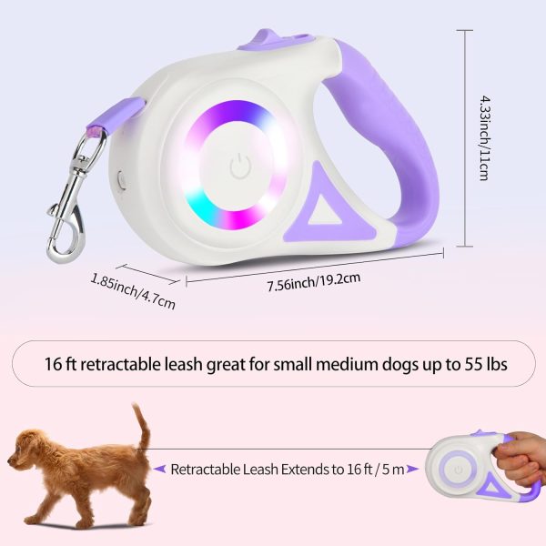Trungeton Anti-Chewing Retractable Dog Leash With Led Flashlight &Side Lights, 16Ft 360° Tangle- Heavy- Leash For Night Walk&Training- One-Hand Operation, Perfect For Medium&Small Dog (Purple)