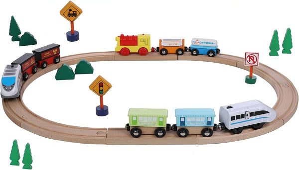 Wooden Trains Set Motorized Action Trains, 9 Piece Battery Operated Engine Train Toy, 3 Motorized And 6 Wooden Trains, Compatible To Wooden Tracks From All Major Brands