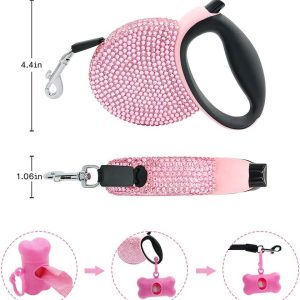 Triumilynn Rhinestone Retractable Dog Leash Bling 10Ft, Cat Walking Leash Pink For Small Breed, Gift Waste Bags Dispenser Included, 360° Tangle-
