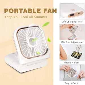 Portable Mini Fan Small Battery Operated Fan 5 In 1 As Power Bank,Phone Holder,Handheld Fan,Desk Fan, Usb Rechargeable Personal Hand Fans,3000 Mah Power Bank,3 Speed Adjustable, Neck Lanyard, White