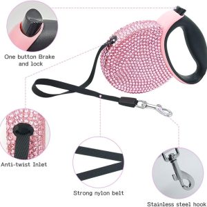Triumilynn Rhinestone Retractable Dog Leash Bling 10Ft, Cat Walking Leash Pink For Small Breed, Gift Waste Bags Dispenser Included, 360° Tangle-