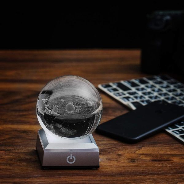 Erwei 3D Solar System Crystal Ball With Laser Engraved Planets And Led Light Base - Science Astronomy Educational Space Gift For Kids