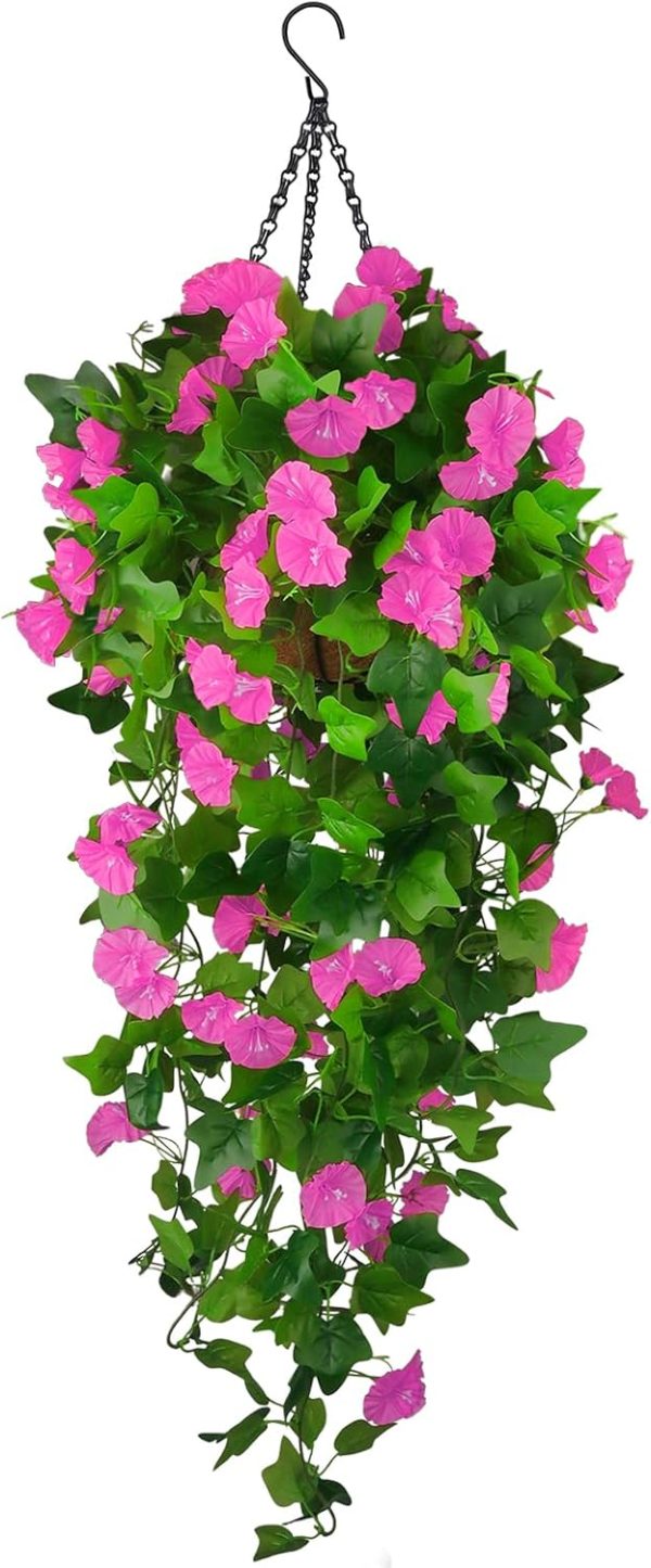 Hanging Planter With Artificial Hanging Vine Flowers, Plant Hanger Uv Resistant Plastic Faux Flower Morning Glory Fabric Wisteria Petunia For Indoor Outdoor Garden Porch Eave Balcony Wall Decor