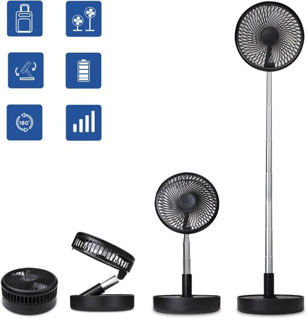 Primevolve Battery Operated Portable Standing Fan, Rechargeable Usb Personal Floor Fan With Adjustable Height Black