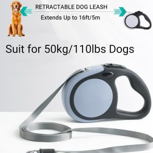 Dual Retractable Dog Leash With Reflective Dog Collar For 2 Large Dogs (Up To 66 Lbs Each), 16 Ft Non-Tangling Heavy - 2 Dog Leash, Non Slip Grip, One Button Break & Lock (Gray, Large)