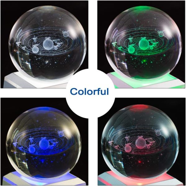 Erwei 3D Solar System Crystal Ball With Laser Engraved Planets And Led Light Base - Science Astronomy Educational Space Gift For Kids