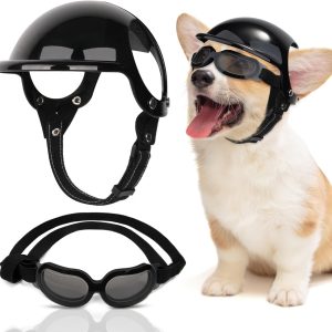Slowton Dog Helmet And Goggles - Uv Protection Doggy Sunglasses Dog Glasses Pet Motorcycle Helmet Hat With Ear Holes Adjustable Belt Safety Hat For Small Medium Large Dogs Puppy Riding (Black, S)