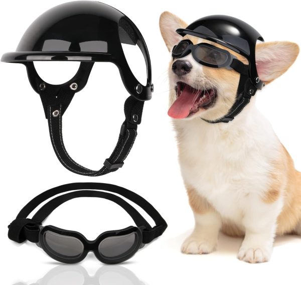 Slowton Dog Helmet And Goggles - Uv Protection Doggy Sunglasses Dog Glasses Pet Motorcycle Helmet Hat With Ear Holes Adjustable Belt Safety Hat For Small Medium Large Dogs Puppy Riding (Black, S)