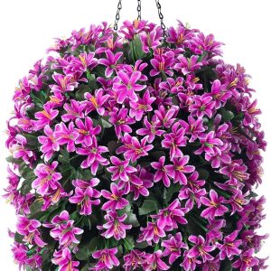 Artificial Faux Hanging Outdoor Plants Flowers Basket For Spring Decoration, Silk Realistic Uv Resistant Pink Long Vines Planter For Outside Home Porch Patio Balcony Yard Decor