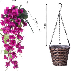 Artificial Faux Hanging Flowers Plants Baskets For Outdoor Outside Spring Summer Decoration, Purple Silk Long Vines Hibiscus Look Real Uv Resistant For Home Porch Garden Yard Patio