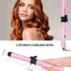 Maikcq 1.25 Inches Rotating Curling Iron Professional Dual Voltage Tourmaline Ceramic Hair Curler With Lcd Digital Display Adjustable Temp 176°F To 410°F For All Hair Types -Pink
