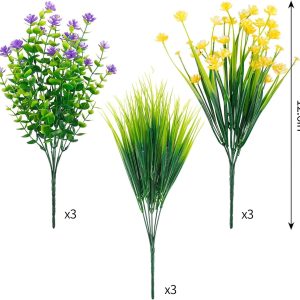 Cewor 9Pcs Artificial Flowers, Uv Resistant Faux Outdoor Flowers, Plastic Flowers For Cemetery Decoration Home Kitchen Bedroom Wedding Party Decor (Yellow, Purple, Green)