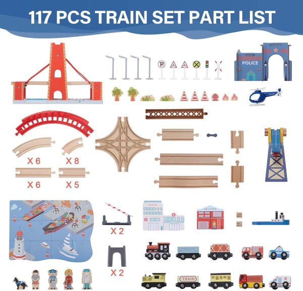Giant Bean 117 Pcs Busy Port City Train Set For Kids- Expandable & Changeable Wooden Train Tracks Set Toddler Toy, Gift For Boys And Girls Ages 3+, Fits For Thomas The Train, Brio, Melissa & Doug