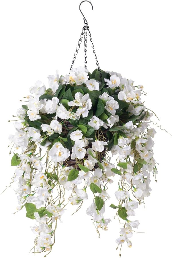 Artificial Faux Hanging Flowers Plants Baskets For Outdoor Outside Spring Summer Decoration, Purple Silk Long Vines Hibiscus Look Real Uv Resistant For Home Porch Garden Yard Patio