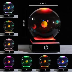 3D Crystal Ball With Solar System Model And Led Lamp Base, Clear 80Mm (3.15 Inch), Birthday Girlfriend Gift, Teacher Of Physics, Classmates And Kids Gift