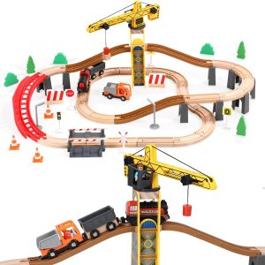 Giant Bean 117 Pcs Busy Port City Train Set For Kids- Expandable & Changeable Wooden Train Tracks Set Toddler Toy, Gift For Boys And Girls Ages 3+, Fits For Thomas The Train, Brio, Melissa & Doug