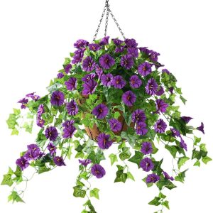 Inqcmy Artificial Hanging Flowers With Basket For Outdoors, Silk Morning Glory Vines In 12Inch Coconut Lining Basket Hanging Plant For Home Garden Porch Spring Decoration(Purple)