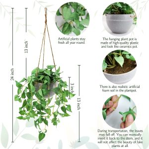 Tnntopele Hanging Plants With Pots, 2 Pack Artificial Faux Anthurium Leaf Hanging Basket Plant For Wall Home Room Indoor Outdoor Decor