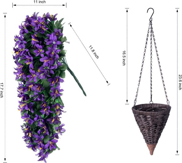 Artificial Hanging Plants Flowers Basket For Outdoor Outside Porch Decor, Faux Silk Realistic Uv Resistant Purple Long Vines In Planter For Patio Balcony Yard Home