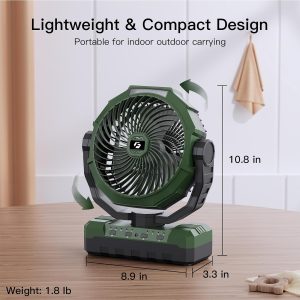 Frizcol 3-In-1 Camping Fan - Portable Fan Rechargeable - 24000Mah 9-Inch Battery Powered Fan(140Hrs) - Usb Fan With Light & Remote For Indoor, Outdoor, Tent, Travel, Bbq, Fishing, Jobsite - Green
