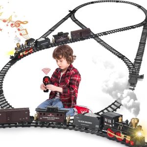 Train Set For Boys, Remote Control Train Set With Tracks, Steam Locomotive Engine, Electric Train Toy W/Smoke Sound Light Cargo Vehicle Christmas Toys Gifts For 3 4 5 6 7 8+ Year Old Kids