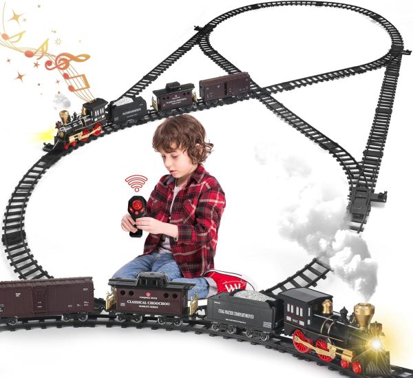 Train Set For Boys, Remote Control Train Set With Tracks, Steam Locomotive Engine, Electric Train Toy W/Smoke Sound Light Cargo Vehicle Christmas Toys Gifts For 3 4 5 6 7 8+ Year Old Kids