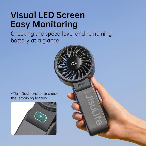Jisulife Handheld Fan Life7,2024 Powerful Portable Fan With Led Display[19.5Hrs Max Cooling]5000Mah,150°Folded,5 Speeds,Lanyard; 3-In-1 Hand/Desk/Neck Fan,Travel Essentials Gifts For Women,Men(Black)