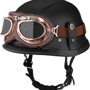 Yesmotor Motorcycle Half Helmet Retro German Leather Half Face Quick Release Buckle & Goggles - Dot Approved
