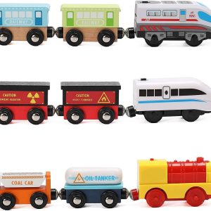 Wooden Trains Set Motorized Action Trains, 9 Piece Battery Operated Engine Train Toy, 3 Motorized And 6 Wooden Trains, Compatible To Wooden Tracks From All Major Brands
