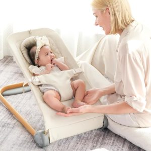 Fodoss Baby Bouncer, Portable Bouncer Seat For Babies, Portable Bedside Bassinet With Wheels, 7 Height Adjustable Baby Bassinet For Infants, Beige