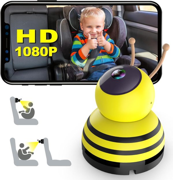Baby Car Camera, Wifi 1080P Rear Facing Car Seat Camera Hd Night Vision Safety Car Seat Camera 360 Rotation Car Baby Monitor Wireless Easy Install Cute Little Bee Backseat Camera A28 Baby Car Mirror