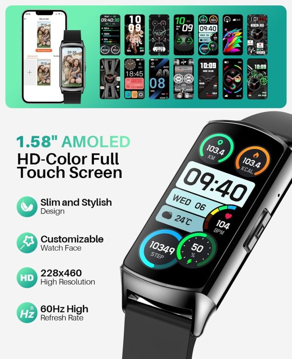 Smart Watch Fitness Tracker (Answer/Make Calls), 1.58" Amoled Display, 24/7 Heart Rate Blood Oxygen Blood Pressure Sleep Monitor, 114+ Sports Modes Waterproof Smartwatch For Android Iphone Women Men