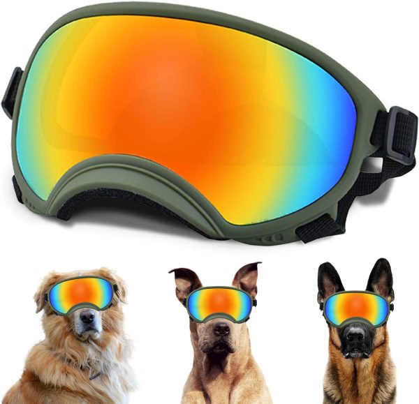 Large Dog Sunglasses With Adjustable Strap Uv Protection, Winproof Dog Puppy Sunglasses, Suitable For Medium-Large Dog Pet Glasses, Dogs Eyes Protection,Soft Dog Goggles (Army Green Frame)