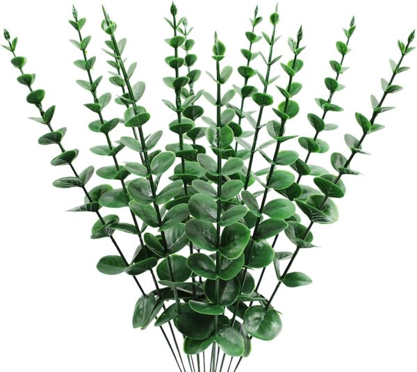 Abaji Plastic Eucalyptus Deep Green Stems 12 Faux Decorations Artificial Leaves Greenery Plant Leaf Home Office House Table Desk Decor Wedding Party Vase Forever Live